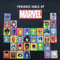 a black t - shirt with an image of the avengers characters on it, which reads periodic table of marvel