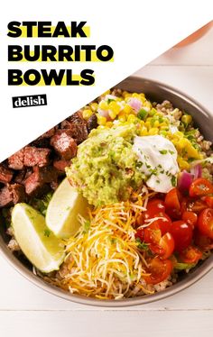 steak burrito bowls with guacamole and tomatoes