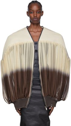 Semi-sheer silk chiffon jacket. Gradient pattern throughout. · Zip closure extends to Y-neck collar · Structural Ottoman panels at shoulders · Gathering throughout · Rib knit hem · Partially lined Supplier color: Natural/Dust Vintage Circus Photos, Chiffon Jacket, Gradient Pattern, Vintage Circus, Silk Jacket, Silk Chiffon, Neck Collar, Rick Owens, Luxury Streetwear