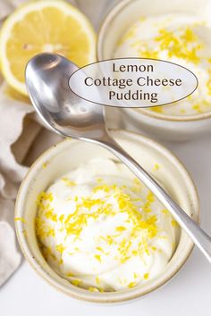 lemon cottage cheese pudding in two bowls with a spoon