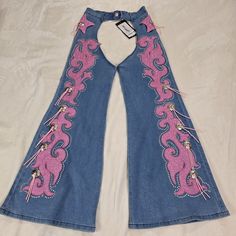 New With Tag Sugar Thrillz Longing Heart Denim Chaps Medium. Flaws Minor Stain On The Waist And On The Back Bottom . Jean Chaps, Rainbow Veil, Chaps Outfit, Denim Chaps, Assless Chaps, Cowgirl Chaps, Grammys 2024, Southern Clothing, Princess Era