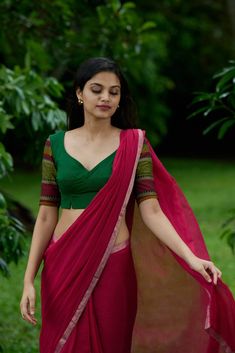 Fitted Green Cotton Blouse Piece, Green Fitted Cotton Blouse Piece, Pink Fitted V-neck Saree, Fitted Green Saree, Green Fitted V-neck Saree, Fitted Green Blouse, Fitted Cotton Set With Padded Blouse, Womens Blouses, Blouses For Women