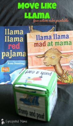 three children's books sitting on top of a black blanket with the title, move like llama