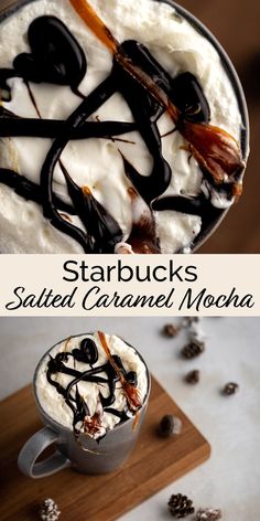 starbucks's salted caramel mocha is topped with whipped cream and chocolate