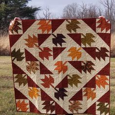 a person holding up a large quilt in the middle of a field with trees and grass behind it