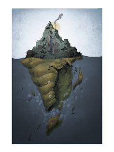 an image of a mountain floating in the water with fish swimming around it's surface