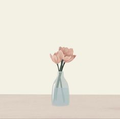 two pink flowers in a blue vase on a white table with a beige wall behind it