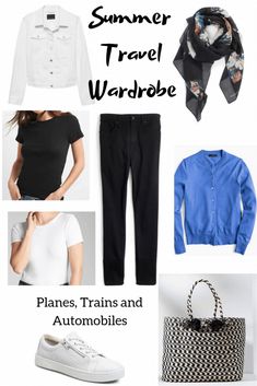 some clothes and accessories are shown with the words summer travel wardrobe