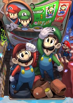 an image of mario and luigi in front of a video game machine with other characters