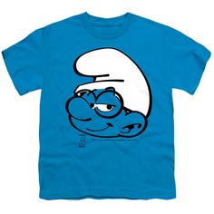 Smurfs Brainy Smurf Head Youth 18/1 100% Cotton Short-Sleeve T-Shirt Brainy Smurf, Cotton Shorts, Kids Tshirts, Ships, Turquoise, T Shirt