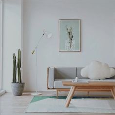 a living room with a couch, coffee table and cactus