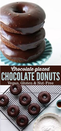 chocolate glazed donuts are stacked on top of each other