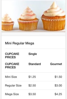 a menu listing for cupcakes with prices