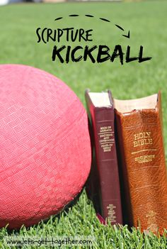 a red ball sitting on top of a lush green field next to two bookends