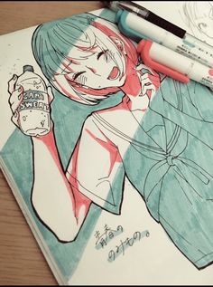 a drawing of a girl holding a bottle of beer with two markers on the side