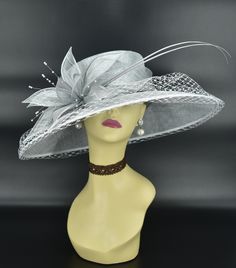 "✿*.Key Features.*✿ Sinamay petal flower with matching color beads and two quills, wide brim cover veil, very beautiful. Great for Kentucky derby, weddings, church, Easter, Royal Ascot, horse races, cocktails, tea party, or any hat wearing occasion. Hat base size: From front to back: 15.5\" (39.5 cm) From left to right: 17.5\" (44.5 cm) Wide brim Appr: 4-6\" Head girth: 22.5\"(57cm), adjustable string inside to make smaller to fit your head. If you want other colors in this style, just search th Elegant Silver Hat For Kentucky Derby, Elegant Adjustable Hats With Bead Caps, Formal Hats With Handmade Flowers, Elegant Fitted Flower Costume Hats And Headpieces, Elegant Flower-shaped Mini Hats For Party, Silver Curved Brim Hat For Wedding, Flower-shaped Adjustable Hats For Races, Adjustable Flower Hat For Races, Adjustable Hats With Handmade Flowers For Races