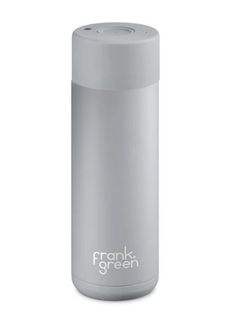 thermos stainless steel water bottle is shown on a white background, and it says frank green