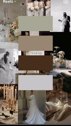 a collage of wedding photos with candles and bridesmaid's gowns