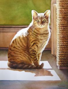 a painting of a cat sitting on the floor in front of a window looking out