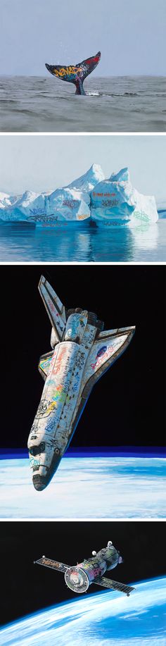 four different views of an iceberg in the ocean, with one flying over it