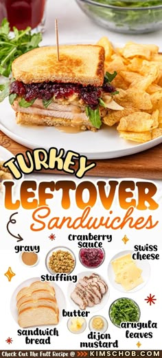 Turkey sandwich with arugula, chips, and ingredients list. Turkey Sandwich Recipes, Stuffing Cranberry, Holiday Flavors, Mexican Salads, Crock Pot Desserts, Crockpot Breakfast, Sliced Turkey, Thanksgiving Leftovers, Turkey Sandwiches