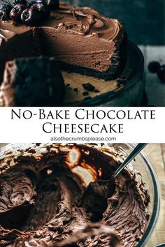 no - bake chocolate cheesecake on a glass cake plate