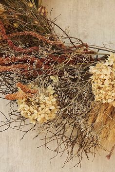 dried flowers and branches hanging on a wall