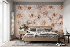 a bedroom with floral wallpaper and bed