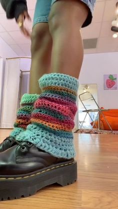 Funky Leg Warmers, Colorful Leg Warmers, Wholesome Hobbies, Funky Tights, Hippie Crochet, Knitting Machine Projects