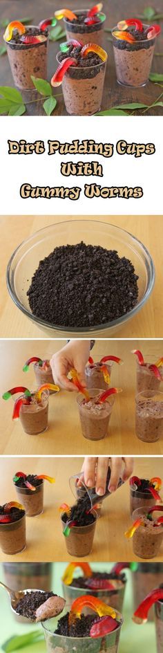 there are many different bowls with food in them on the table, and one bowl is filled with dirt