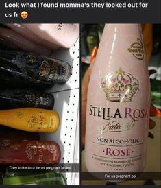 a bottle of stella rose wine sitting on top of a shelf next to other bottles