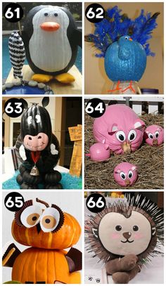 many different types of stuffed animals and pumpkins with numbers on them in the middle