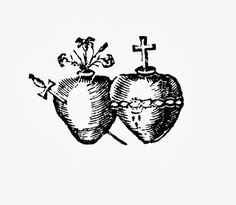 an ink drawing of two hearts with crosses and flowers in them on a white background