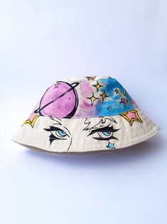 Space Girl Bucket Hat White Bucket Hat Handmade Handpainted - Etsy Jordan Painted Bucket Hat, Bucket Hat Ideas, Beach Barbie, Y2k Handbag, Blue Bucket Hat, White Bucket Hat, Bucket Hat White, Barbie Shop, Space Girl