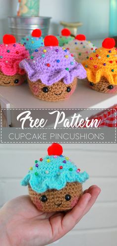 crocheted cupcakes with colorful frosting and sprinkles on them