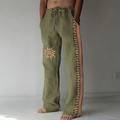 Casual Harem Pants For Beach Festival, Bohemian Cotton Pants For Beach Season, Bohemian Linen Bottoms With Pockets, Bohemian Pants With Pockets For Beach Season, Bohemian Beach Pants With Pockets, Green Linen Beach Pants, Bohemian Linen Bottoms For Vacation, Bohemian Linen Vacation Bottoms, Bohemian Linen Harem Pants For Summer