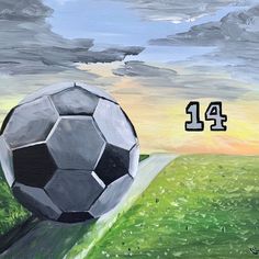 a painting of a soccer ball sitting on the side of a road in front of a cloudy sky