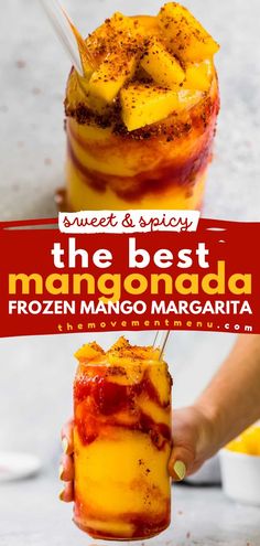 Want more party cocktails? Here's a cool drink to make at home! This Mexican beverage recipe lets you have the BEST Mangonada. Creamy, sweet, and spicy, this Frozen Mango Margarita will have you hooked! Check out how to keep it non-alcoholic! Mexican Alcoholic Drinks, Mangonada Recipe, Chamoy Sauce, Mango Drinks, Spicy Drinks