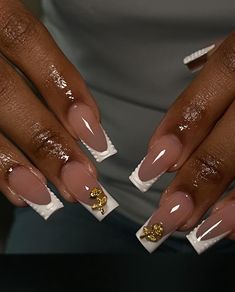 French Tips For Wedding, French Tip With Gold Charms, Elegant Acrylic Nails Classy, French Nails With Gems, Graduation Nails Acrylic, Nail Inspo French Tip, Healthy Natural Nails, Square French, Hard Nails