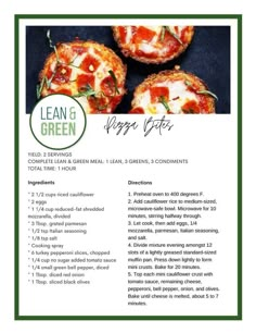 brochure for lean & green's vegan bites, which includes mini pizzas