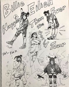 a drawing of some people with different outfits and words on them, all in black and white