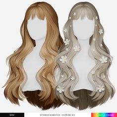 two long blonde wigs with flowers on them