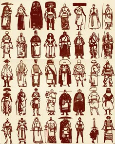 an image of different types of people in medieval costumes and armors, from the earliest century to the present day