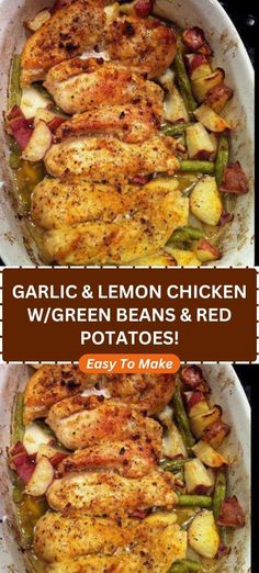 two pictures of chicken with green beans and red potatoes