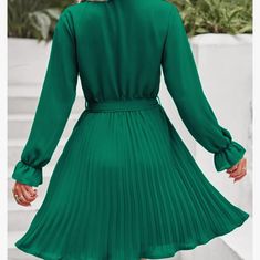 Medium Pleated Women's Dress Chic A-line Pleated Dress With Ruffles, A-line Pleated Dress With Ruffles For Party, Fitted V-neck Pleated Dress With Ruffles, Spring Dresses With Pleated Hem For Brunch, Spring Brunch Dresses With Pleated Hem, Fitted Pleated Skirt Dress For Brunch, Green Ruffled Mini Dress For Fall, Elegant Green Mini Dress With Ruffle Hem, Chic Green Dress With Pleated Sleeves