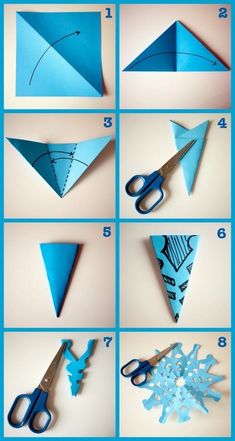 step by step instructions to make an origami snowflake with scissors and paper