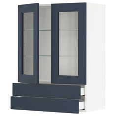 a white and blue cabinet with glass doors