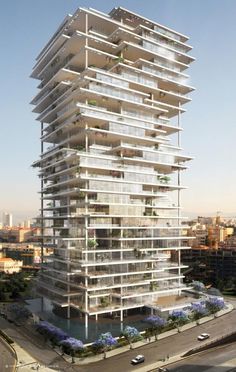 an artist's rendering of a tall building with balconies on the top