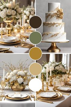 a collage of photos showing different types of wedding cakes and desserts with gold accents