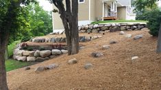 a house with trees and rocks in the front yard